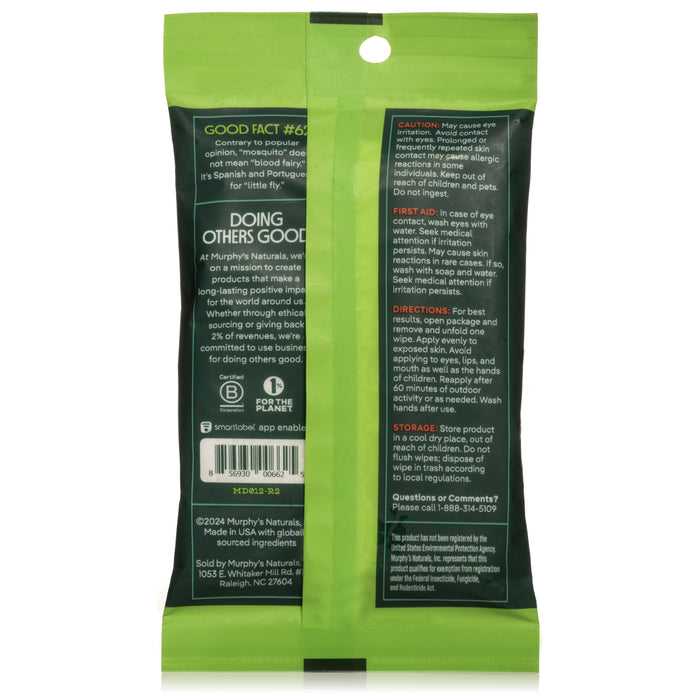 The back of the green Mosquito Repellent Wipes package by Murphys Naturals features sections on conservation efforts, cautionary instructions, use directions, storage details, first aid advice, and contact info—all designed for a Bite-Free Environment.