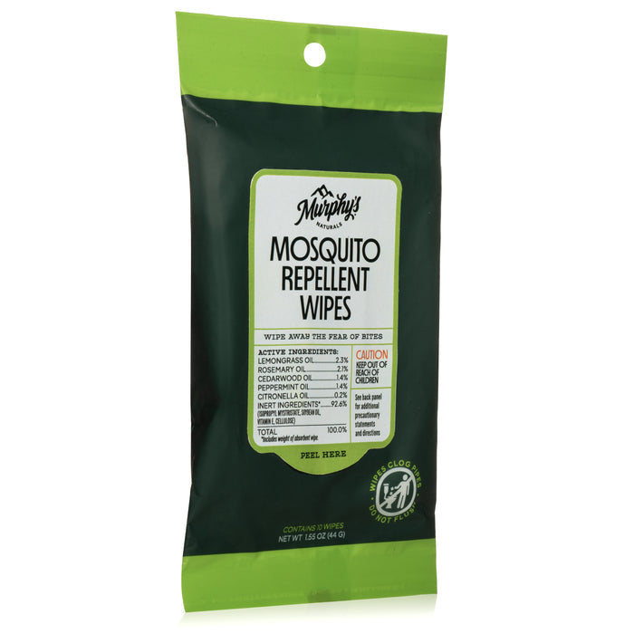 Murphys Naturals Mosquito Repellent Wipes, in green and black packaging, promise a bite-free environment with active ingredients like lemongrass and peppermint oils. Caution and ingredient details are printed on the front of this convenient on-the-go solution.