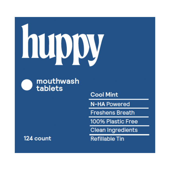 Blue label for Huppy Mouthwash Tablets, Cool Mint flavor (124 count). Features: N-HA powered, freshens breath, clean ingredients, 100% plastic-free, refillable tin, sustainable packaging.