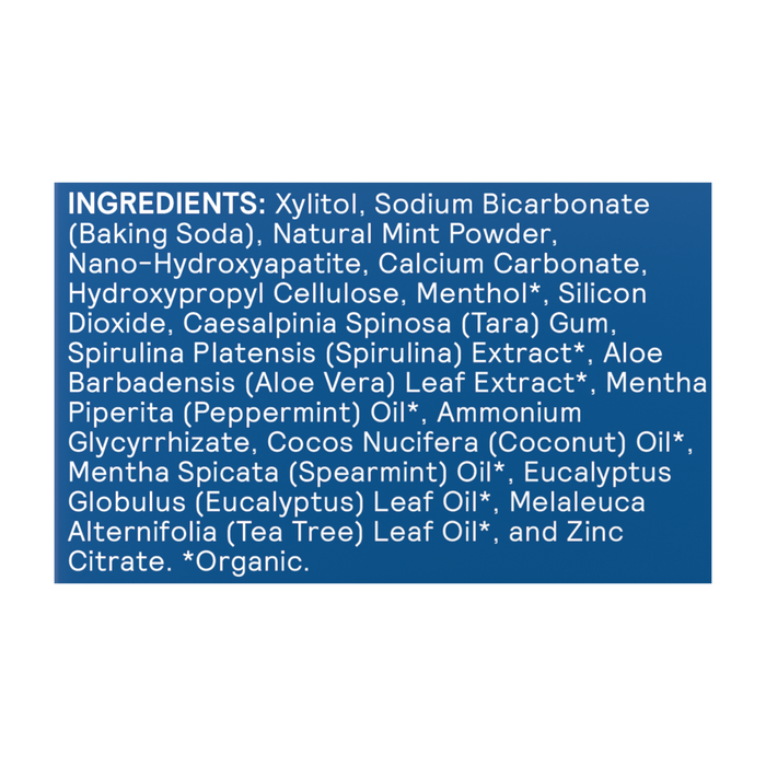 A blue label on Huppy Mouthwash Tablets lists ingredients like xylitol, baking soda, natural mint powder, and nano-hydroxyapatite—all in plastic-free packaging to support oral health naturally.