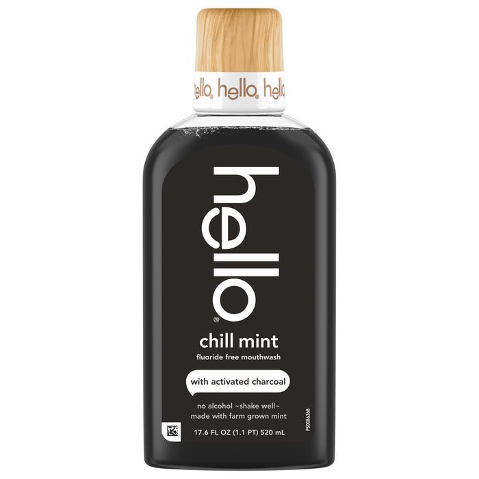 A 17.6 fl oz (520 mL) bottle of hello Mouthwash with Activated Charcoal, chill mint flavor, alcohol and fluoride free, with a sleek black bottle, wood-patterned cap, and white label text.
