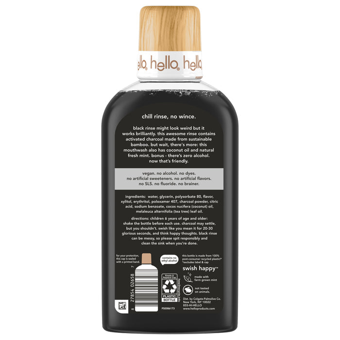A black bottle of hello Mouthwash with Activated Charcoal - Alcohol & Fluoride Free features a wood-textured cap. The white text on the back label lists details, ingredients, and directions, noting no dyes and the refreshing power of activated charcoal.