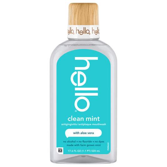 A 17.6 fl oz clear bottle of hello Mouthwash with Aloe Vera—alcohol and fluoride free, dye free—with a turquoise label and wooden cap.