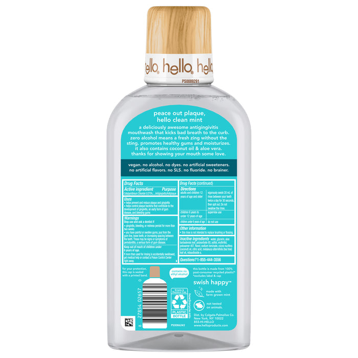 Back of a hello Mouthwash with Aloe Vera - Alcohol & Fluoride Free bottle with wood-patterned cap. Turquoise and white label details ingredients, directions, and highlights: no alcohol, fluoride, or artificial sweeteners; vegan formula.