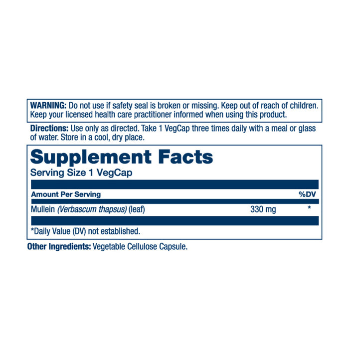 The Solaray Mullein, 330 mg label highlights traditional remedies for respiratory support, featuring a vegetable cellulose capsule. It advises consulting a healthcare professional before use and includes consumption directions.