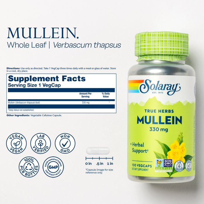 Image of Solaray's True Herbs Mullein supplement bottle, 330 mg, featuring label details including instructions, supplement facts, and certifications like vegan and GMP. The design includes a drawing of the Mullein plant.
