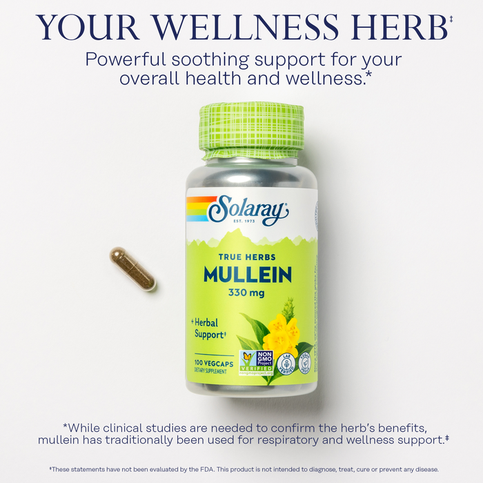 A bottle of Solaray True Herbs Mullein 330 mg with a single capsule beside it. The label claims herbal support for health and wellness. Below, a disclaimer mentions the need for more clinical studies. The background is plain white.