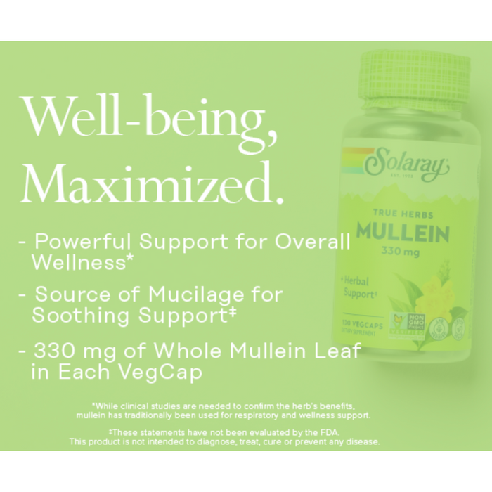 A bottle of Solaray True Herbs Mullein 330 mg is on the right with text on the left: "Well-being, Maximized. - Powerful Support for Overall Wellness - Source of Mucilage for Soothing Support - 330 mg of Whole Mullein Leaf in Each VegCap.