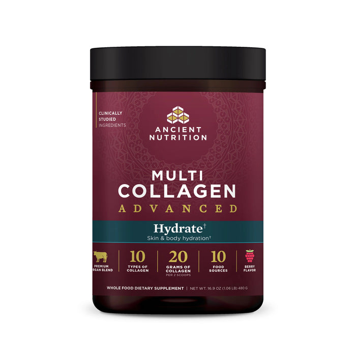 Ancient Nutritions Multi Collagen Advanced - Hydrate offers 10 types of collagen, 20 grams per scoop, and 10 food sources. Featuring a mixed berry flavor, its crafted to boost your routine with added hydration and electrolytes.