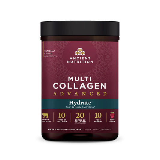 Ancient Nutritions Multi Collagen Advanced - Hydrate offers 10 types of collagen, 20 grams per scoop, and 10 food sources. Featuring a mixed berry flavor, its crafted to boost your routine with added hydration and electrolytes.
