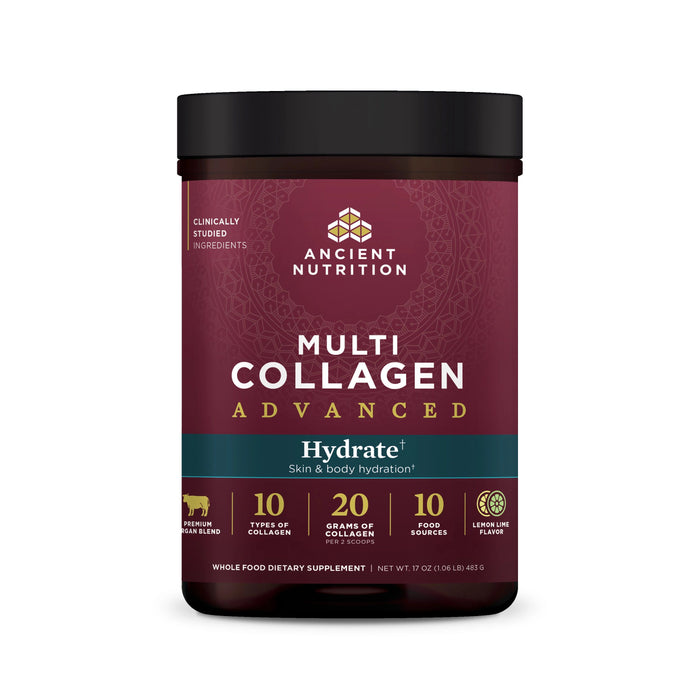 Ancient Nutritions Multi Collagen Advanced - Hydrate features a maroon label with hydration and electrolytes details. It offers 20g per scoop from 10 collagen types. A cow icon and premium label emphasize its high-quality ingredients.