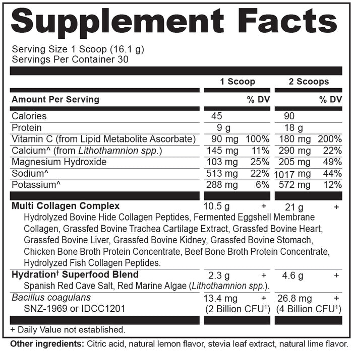 The image shows a supplement facts label for Ancient Nutritions Multi Collagen Advanced - Hydrate, detailing calories, protein, vitamins, minerals, and electrolytes. Each serving size is 1 scoop (16.1g), designed for optimal hydration and nourishment.