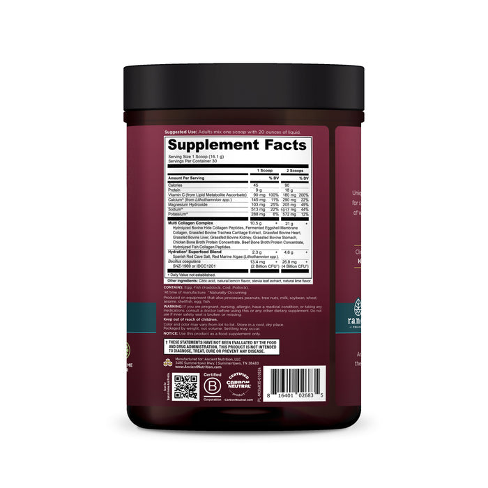 A maroon container with a black lid showcases a label detailing supplement facts, nutritional values, and ingredients of Multi Collagen Advanced - Hydrate by Ancient Nutrition, emphasizing hydration benefits with serving size info and informative charts.