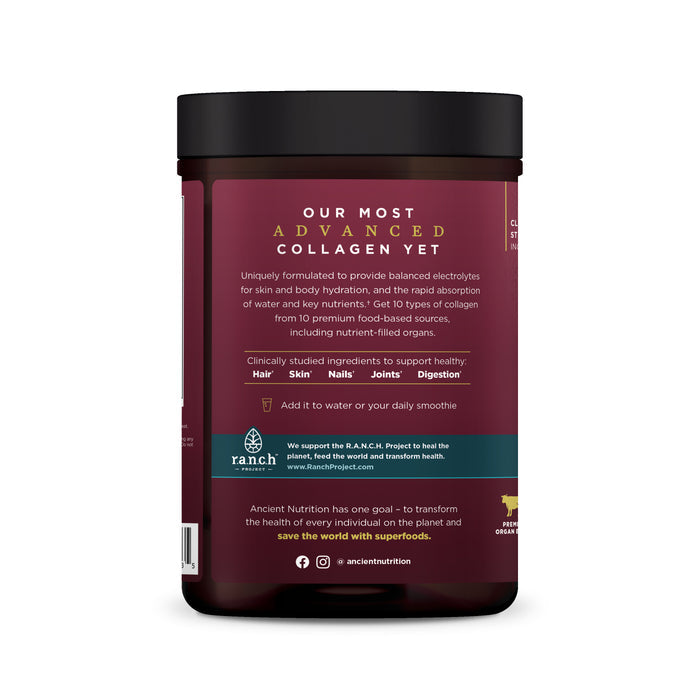 Container of Ancient Nutritions Multi Collagen Advanced - Hydrate. The maroon packaging with white text highlights benefits for skin, hair, nails, joints, and digestion. Infused with electrolytes for enhanced hydration. Features ingredient details and a regenerative agriculture support logo on the back.