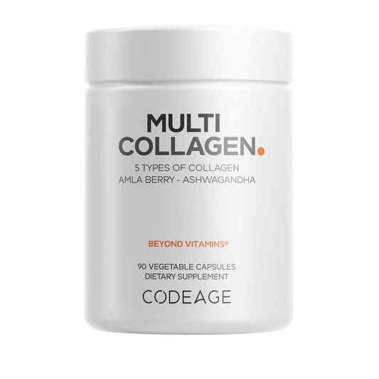 A white bottle of Codeage Multi Collagen Capsules with hydrolyzed collagen, 5 collagen types, amla berry, and ashwagandha. Contains 90 vegetable capsules. Ideal for daily collagen supplementation.