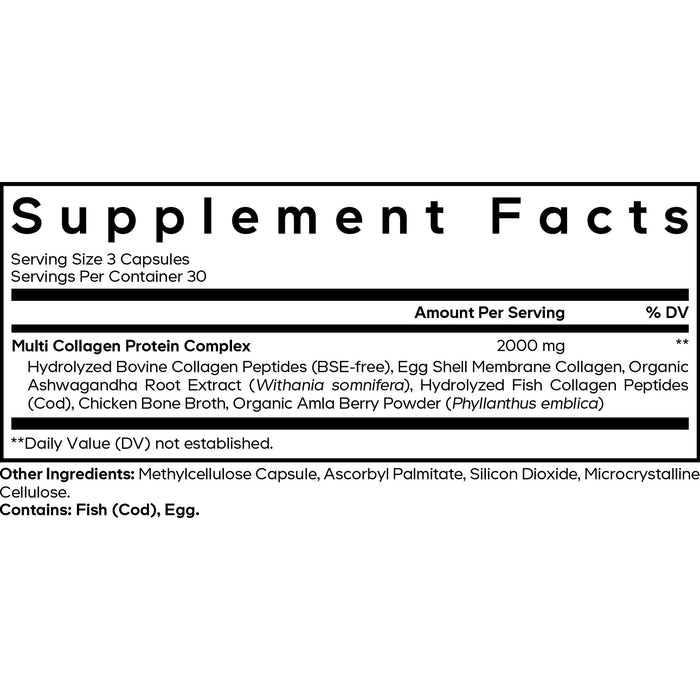 Codeage Multi Collagen Capsules—advanced blend with hydrolyzed collagen peptides from bovine, fish, and egg, plus plant extracts. Contains fish and egg. Each 3-capsule serving; 30 servings per container.