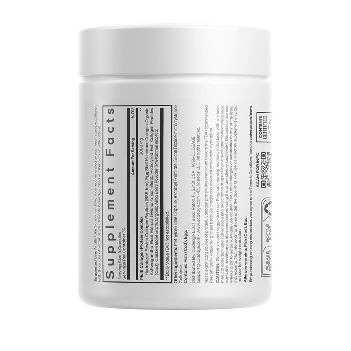 Codeage Multi Collagen Capsules come in a white plastic container with a label displaying Supplement Facts, nutritional info, and ingredients—including hydrolyzed collagen—in black text along with other product details.