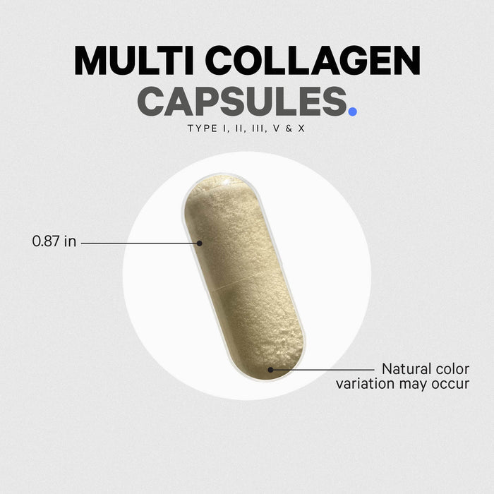 A beige Codeage Multi Collagen Capsule (0.87 inches) notes natural color variation under bold Multi Collagen Capsules text, emphasizing this supplement’s benefits.