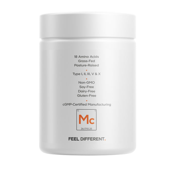 A white Codeage Multi Collagen Capsules container with black text lists: 18 amino acids, grass-fed, pasture-raised, hydrolyzed collagen types I, II, III, V & X; non-GMO; soy-free; dairy-free; gluten-free; cGMP-certified.