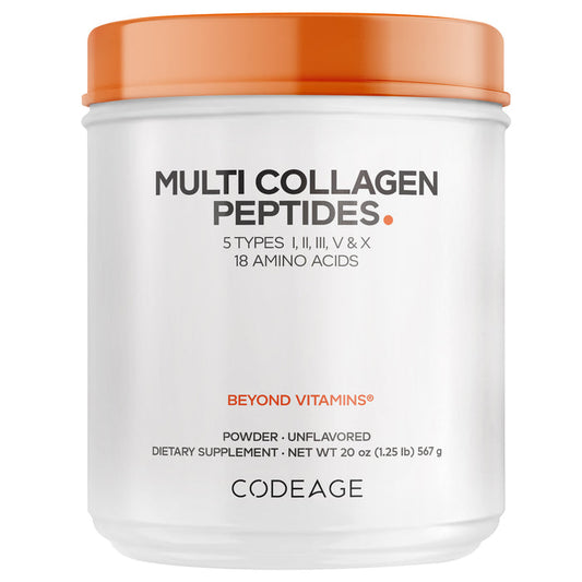 A white container of Codeage Multi Collagen Peptides Powder - Unflavored with an orange lid. The label highlights 5 types of collagen, 18 amino acids, and identifies it as a dietary supplement powder. This product features hydrolyzed bovine collagen for optimal support.