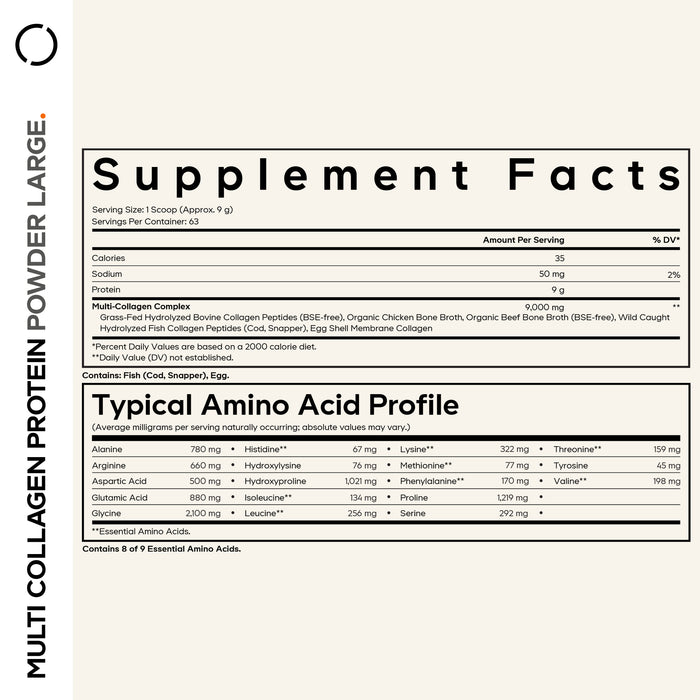 Supplement facts label for Codeage Multi Collagen Peptides Powder - Unflavored, detailing serving size, calorie count, sodium and protein per serving, as well as collagen sources (hydrolyzed bovine collagen, chicken, fish), and providing a typical amino acid profile measured in milligrams per serving.