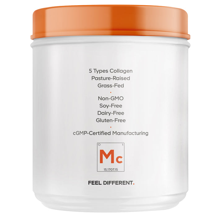 White container with an orange lid displays supplement facts for Codeage Multi Collagen Peptides Powder - Unflavored: contains 5 types of collagen, pasture-raised and grass-fed sources, non-GMO, soy-free, dairy-free, gluten-free, and cGMP-certified. Features hydrolyzed bovine collagen for optimal absorption. Bold "FEEL DIFFERENT." branding appears at the bottom.