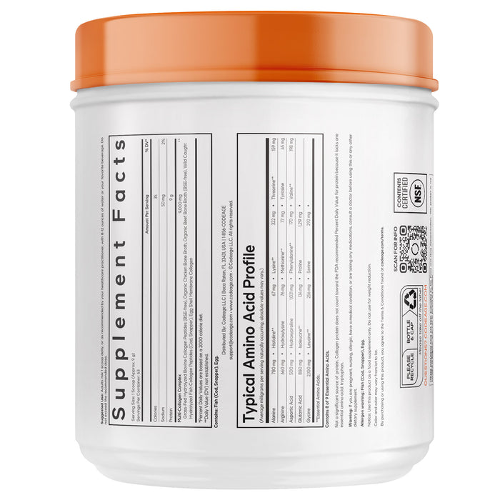 A white Codeage Multi Collagen Peptides Powder - Unflavored supplement container with an orange lid features Supplement Facts, a Typical Amino Acid Profile, nutrition tables, and manufacturer information on the back. The packaging highlights key details about the hydrolyzed bovine collagen powder inside.