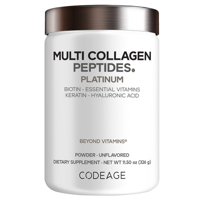 A white container labeled "Multi Collagen Peptides Powder Platinum - Unflavored" by Codeage, featuring a premium multi-collagen powder with biotin, vitamins, hydrolyzed keratin, and hyaluronic acid. The 11.5 oz (326g) dietary supplement is supplied as an unflavored powder.