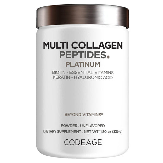 A white container labeled "Multi Collagen Peptides Powder Platinum - Unflavored" by Codeage, featuring a premium multi-collagen powder with biotin, vitamins, hydrolyzed keratin, and hyaluronic acid. The 11.5 oz (326g) dietary supplement is supplied as an unflavored powder.