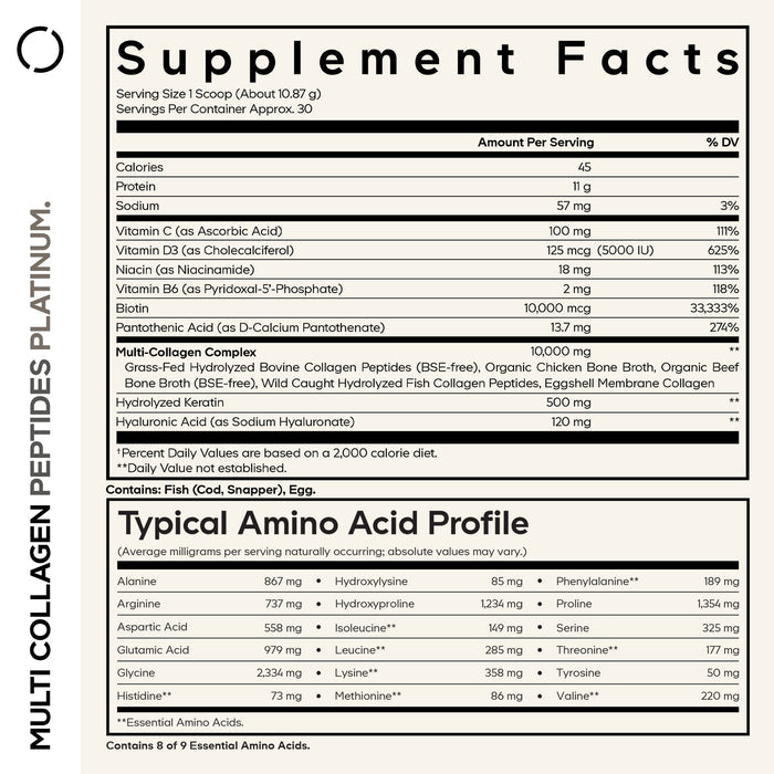 Supplement facts label for Codeage Multi Collagen Peptides Powder Platinum - Unflavored, presenting ingredients, nutritional values, servings, and a typical amino acid profile in clear black-and-white tables with bold headings. The label also emphasizes the inclusion of added biotin and keratin to support enhanced hair, skin, and nail health.