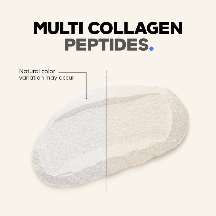 A scoop of Codeage Multi Collagen Peptides Powder Platinum - Unflavored is displayed against a line dividing two color shades, highlighting natural color variation. Text reads “Multi Collagen Peptides Powder Platinum - Unflavored. Natural color variation may occur.”.