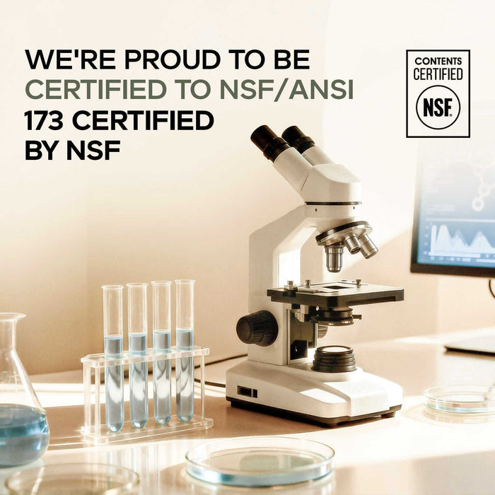 A microscope, test tubes, and a monitor sit on a lab desk with the text: We’re proud that Codeage Multi Collagen Peptides Powder Platinum - Unflavored is NSF/ANSI 173 certified by NSF for our collagen supplement, and a Contents Certified NSF badge appears in the corner.