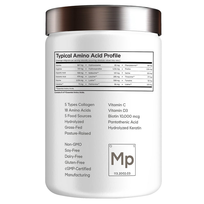 A white container of Codeage Multi Collagen Peptides Powder Platinum - Unflavored displays an amino acid profile chart and a list of features, including 5 types of collagen, 18 amino acids, non-GMO and soy-free formulation, pasture-raised ingredients, added vitamins, and the inclusion of biotin and keratin for enhanced beauty benefits. This premium multi collagen powder is formulated to support your overall wellness as a superior collagen supplement.