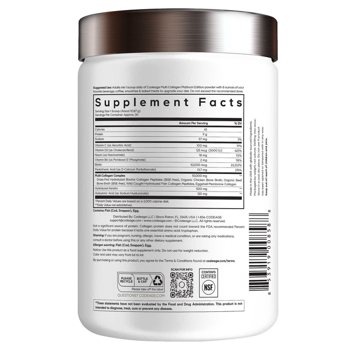White supplement container of Codeage Multi Collagen Peptides Powder Platinum - Unflavored displaying the Supplement Facts label with serving size, ingredients such as hydrolyzed keratin, amounts per serving, and daily values. Certifications and usage instructions appear at the bottom. Black text on a white background.