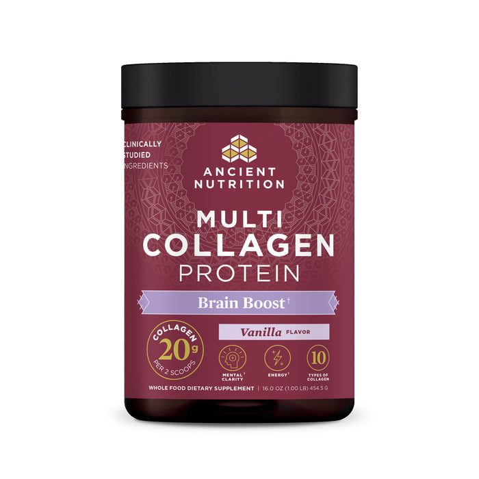 Ancient Nutritions Multi Collagen Protein - Brain Boost in vanilla offers 20g of collagen, including fermented eggshell membrane and 10 types of clinically studied ingredients, with a subtle geometric background pattern.