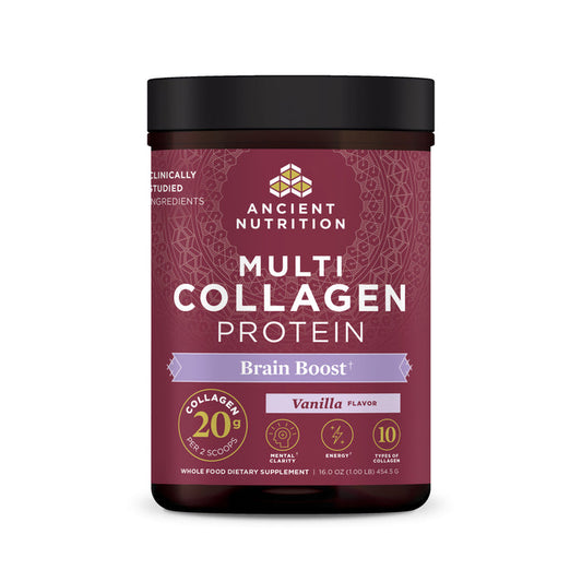 Ancient Nutritions Multi Collagen Protein - Brain Boost in vanilla offers 20g of collagen, including fermented eggshell membrane and 10 types of clinically studied ingredients, with a subtle geometric background pattern.
