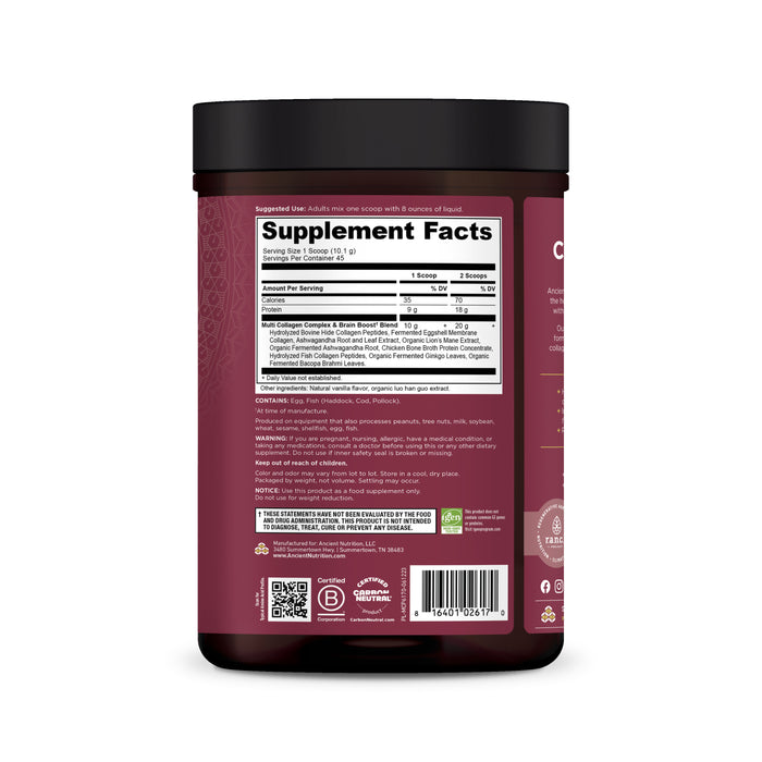 The maroon container of Ancient Nutritions Multi Collagen Protein - Brain Boost showcases supplement facts and ingredients, highlighting serving size and nutritional details from fermented eggshell membrane collagen. It features USDA Organic certification logos, a QR code, and recycling symbols at the bottom.