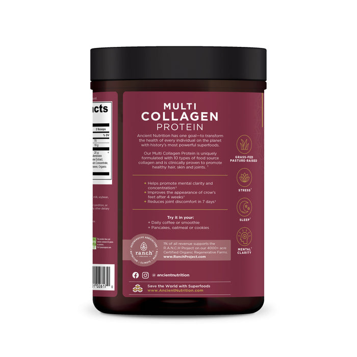 The maroon-labeled Ancient Nutritions Multi Collagen Protein - Brain Boost supports healthy skin, reduces wrinkles, and improves sleep. It includes grass-fed, pasture-raised fermented eggshell membrane collagen and is gluten-free with brain-enhancing botanicals.