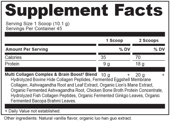 The Supplement Facts label for Ancient Nutritions Multi Collagen Protein - Brain Boost details serving size, servings per container, and nutrients for 1 and 2 scoops. It includes a proprietary blend with fermented eggshell membrane collagen and natural extracts, plus flavor and ingredient notes.