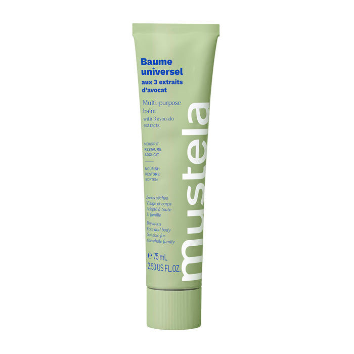 A green, 75 ml tube of Mustela Multi-Purpose Balm with 3 Avocado Extracts, EWG Verified, labeled in French and English, offers natural nourishment and moisture for dry areas on the face and body.