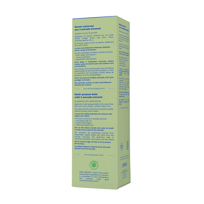 A tall, rectangular light green Mustela box presents details in French and English. EWG Verified, it features a Multi-Purpose Balm with 3 Avocado Extracts, emphasizing natural ingredients and dermatological testing.