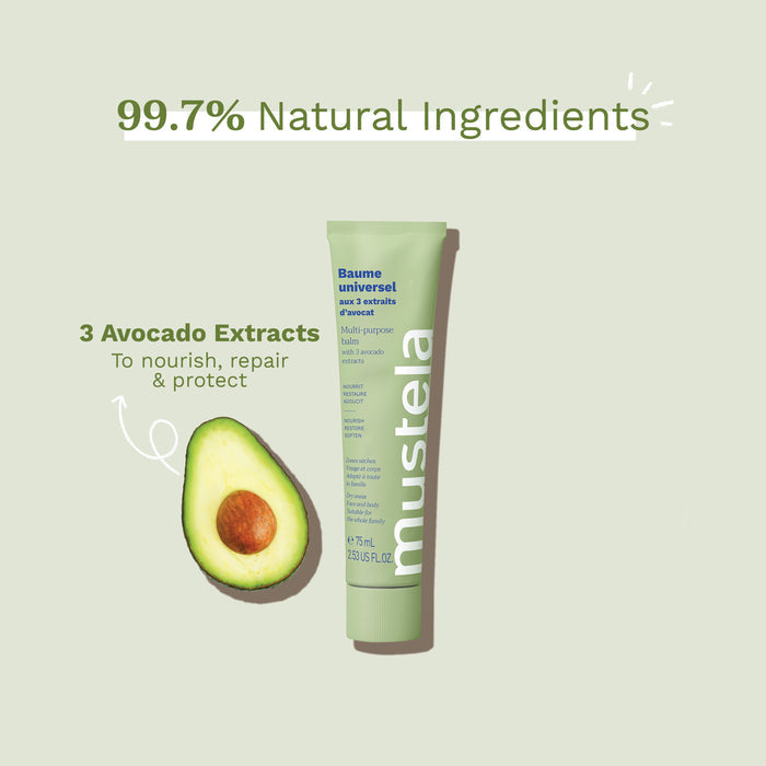 Image of Mustela's Baume Universal multi-purpose balm tube with text highlighting "99.7% Natural Ingredients" and "3 Avocado Extracts to nourish, repair & protect." The image shows an avocado slice next to the green balm tube on a light green background.