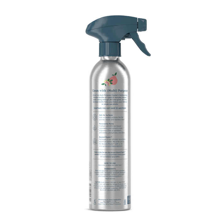 The Grove Co. Multi-Purpose Cleaner comes in a recyclable aluminum silver spray bottle with a blue nozzle, featuring a peach-illustrated label. It is designed to tackle household messes, with instructions and details in small print.