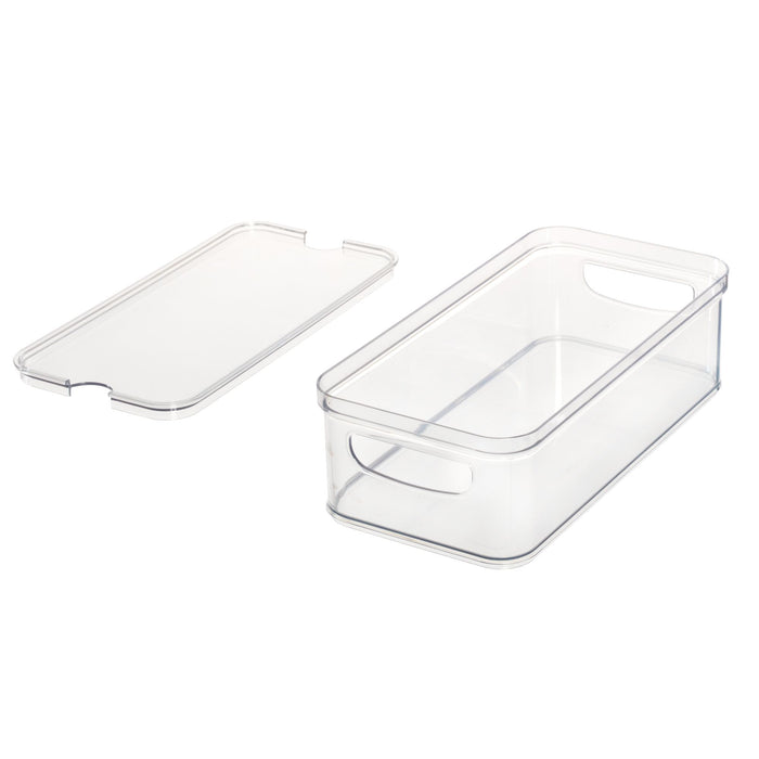 The iDesign Multi-Purpose Divided Bin, with tray, is crafted from BPA-free recycled plastic and features built-in handles on both ends. Ideal for fridge organization, this clear rectangular container comes with a separate lid.