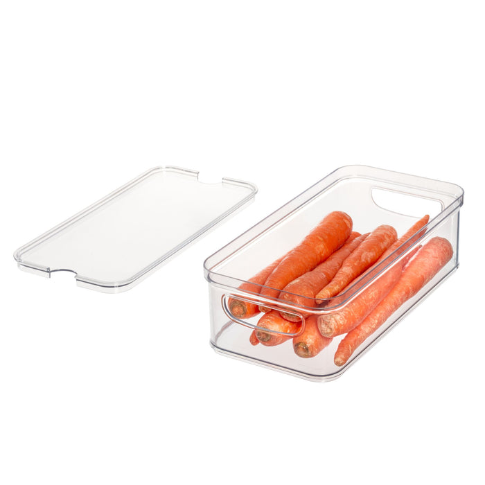 The iDesign Multi-Purpose Divided Bin - With Tray, made from BPA-free recycled plastic, stores whole unpeeled carrots and features a lid beside it and a handle on one end for easy carrying.