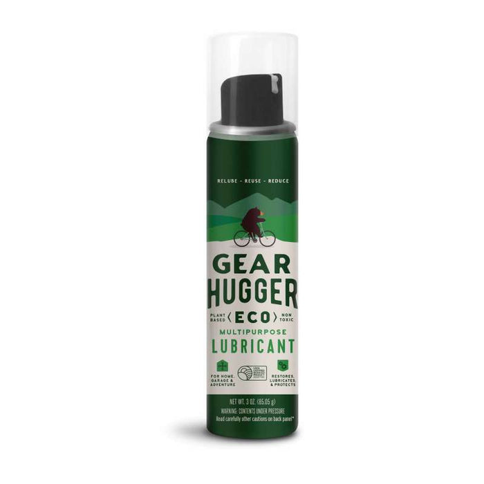 A green and silver Gear Hugger can of Multi-Purpose Lubricant displays a bicyclist against mountains. It highlights Help + Reuse + Reduce and offers rust protection with its sustainable, non-toxic, plant-based ingredients.