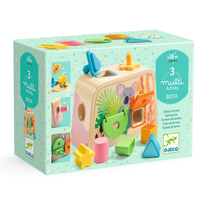 The DJECO Multi Sensory Wooden Shape Sorter Toy, made from FSC® Certified Wood, features a charming koala design. Filled with colorful geometric shapes like stars, circles, and triangles, this engaging toy is perfect for children aged 18 months and up.