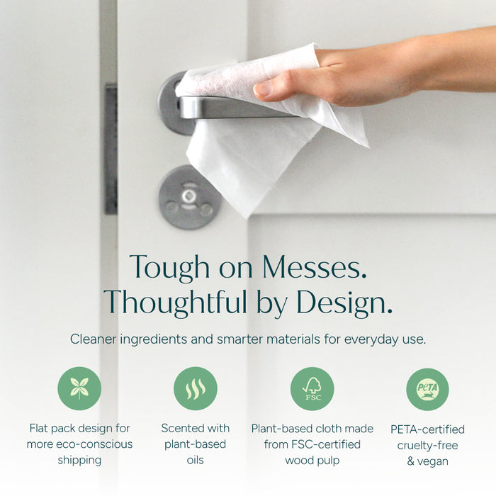 A hand wipes a door handle with Multi-Surface Cleaner Wipes; eco-friendly icons shown below. #common