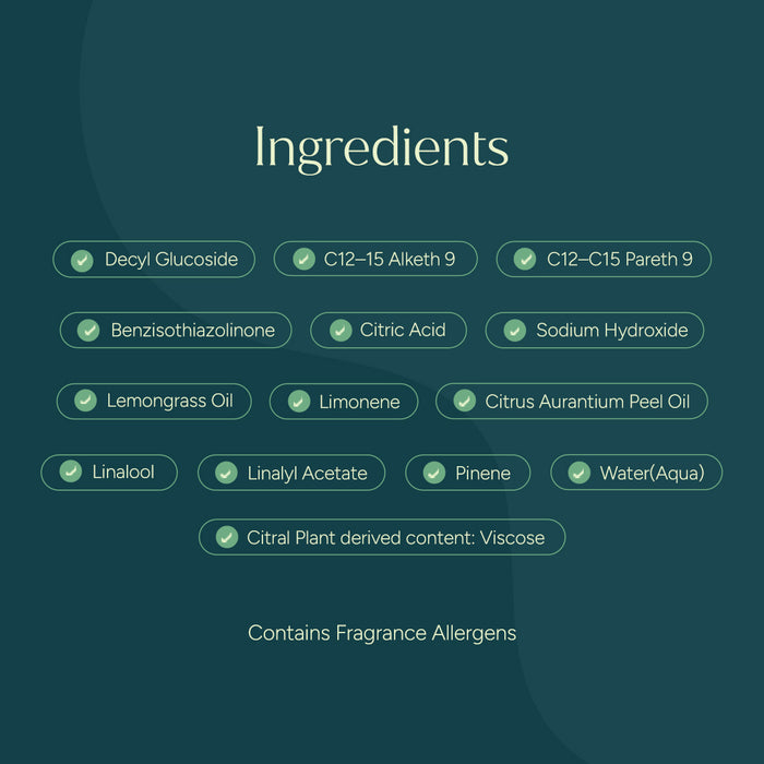 Ingredients list on a green background for Multi-Surface Cleaner Wipes, including oils, acids, botanicals.#common
