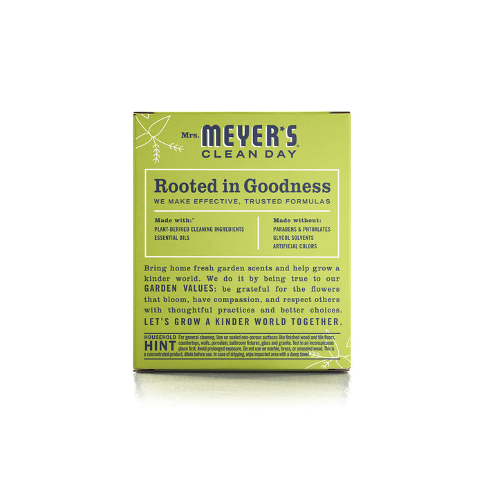 Mrs. Meyers Multi-Surface Concentrate Refills in green packaging feature Rooted in Goodness and detail plant-derived ingredients, garden-inspired scents, and a formula free of parabens and artificial colors.